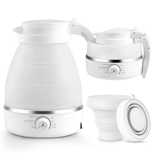 Hervidor de agua plegable de 600 ml, hervidor de agua de camping de silicona, hervidor de viaje plegable aislado con 2 vasos plegables, 600 vatios, calentamiento rápido para cocina, viajes, camping y