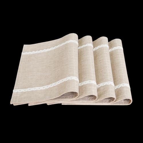 GLORY SEASON Lace Trim Placemat Linen-Look Textured Rustic Washable Placemats Set of 4,Woven Cloth Textured Heat Resistant Non-Slip for Kitchen Dining Patio Table Decor Beige by GLORY SEASON - Used condition - US$17.04