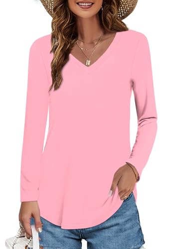 Image of Elesomo Womens T Shirts V Neck Summer Short /Long Sleeve Cotton Tops Tees