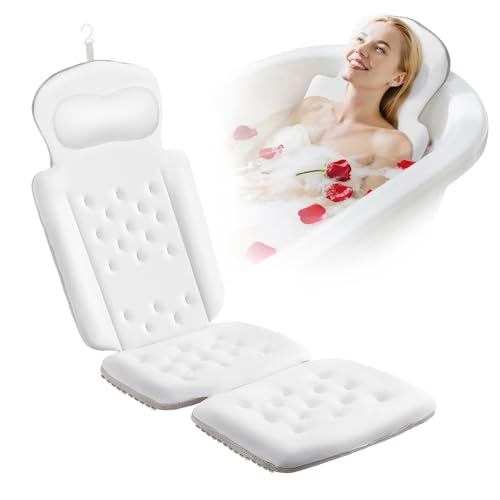 Full Body Bath Pillow, Luxury Bath Cushion with 192 Suction Cups, Bath Pillows for Tub for Head and Neck Support, with Laundry Bag White, 51' x 16'