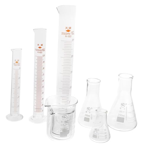 Unomor Chemistry Lab Tool Kit 9pcs Glass Beakers Graduated Cylinders Conical Flasks Measuring Cups Set Smooth Finish for Easy Use in School Experiments