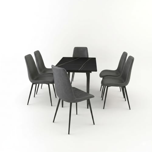 Image of Eclipse Six Seater Faux Marble Dining Set | 15mm Sintered Stone Dining Table | Upholstered Metal Chairs | Galaxy Black (DIY Assembly)