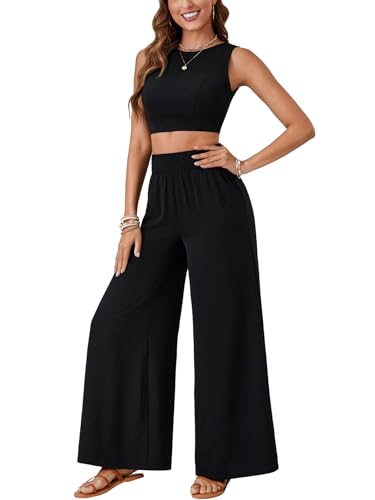 Vrtige Women's 2 Piece Outfits Backless Tie Back Sleeveless Crop Tank Top and Shirred Wid Leg Pants Set3