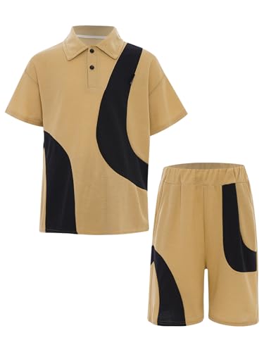 Kids Boys Pcs Color Block Sports Set Turndown Collar Short Sleeve Tshirt And Shorts Set3