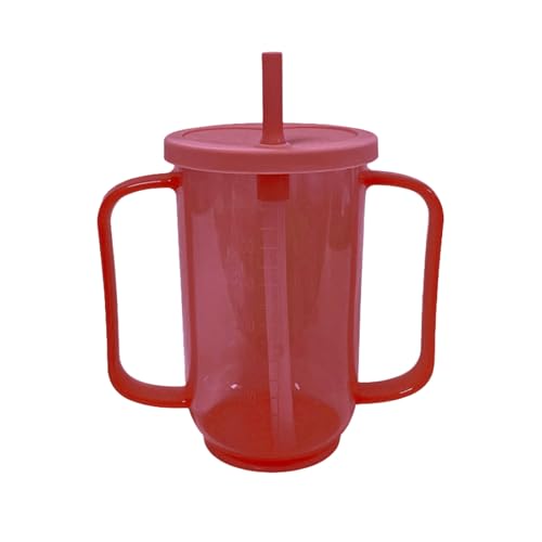 Qancesd Adult Sippy Cup for Elderly 12oz No Spill Cups for Adults 2 Handles Dysphagia Cups with Straw for Disabled Patients, Red