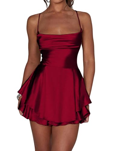 Floerns Women's Backless Stain Spaghetti Strap Cowl Neck Bodycon Mini Party Cami Dress