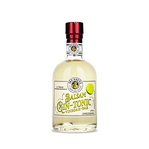 Mussini Balsámico Dressing Gin Tonic de Módena, sin alcohol, 250 ml de extracto de ginebra, bálsamo Vinegar Bar of Modena para bebidas sin alcohol y alcohólicas, entrantes, platos principales,