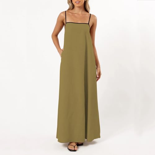 Image of Senllen Women's Linen Dress Summer Loose Flowy Sundress Contrast Spaghetti Strap Sleeveless Backless Beach Maxi Long Dresses