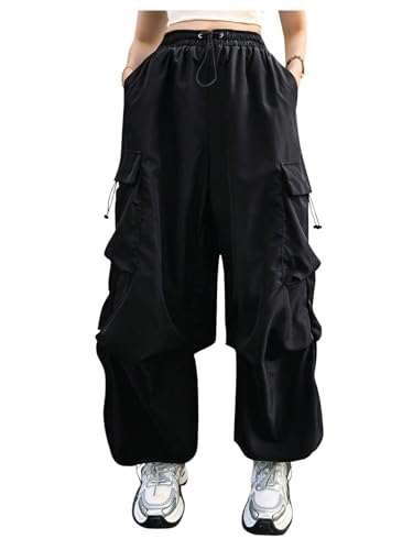 Verdusa Women's Plus Size Cargo Pants Drawstring High Waist Flap Pocket Loose Trousers Black 3X-Large Plus