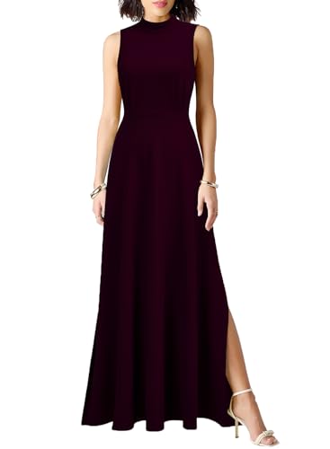 Image of WOOSEA Women Sleeveless High Neck Split Evening Cocktail A-Line Long Dress Burgundy