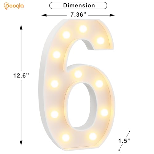 Image of Pooqla Large Light Up Numbers for 6th Birthday Decorations, 12.6 in Tall White Plastic Marquee Numbers Sign Party Decorations, Gift for Girls Boys Night Light Wedding Anniversary Decor, Big Number 6