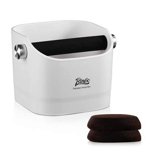 Bincoo Coffee Knock Box 0.8L – ABS Espresso Knock Bin with Non-Slip Base, Wide 4.6" Slanted Opening & Detachable Silicone Knock Bar for Easy Cleaning and Quiet Use(White)