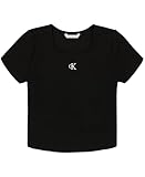 Calvin Klein Girls' Short Sleeve Babydoll Ribbed T-Shirt, Soft & Comfortable, Black Square Neck, 7