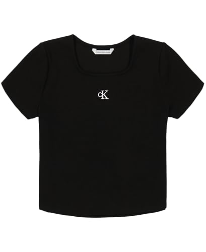 Calvin Klein Girls' Short Sleeve Babydoll Ribbed T-Shirt, Soft & Comfortable, Black Square Neck, 7