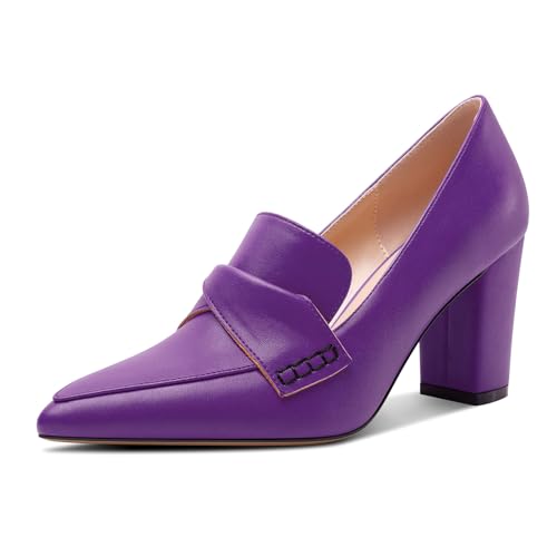HEUIVZAR Womens Chunky Block Mid Heel Pumps Pointed Toe Slip-on Loafers Shoes Dress Office Casual 3.2 Inches Heels