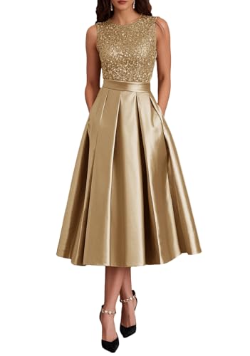 Dolinecy Elegant Satin Formal Gown Plus Size Gold Sparkly Tea Length Formal Dresses for Wedding Guest Gowns with Pockets US 10