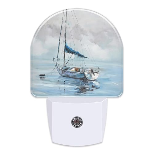 Image of Blue Sailboat in Harbor Night Light Plug into Wall, Boat Ocean Oil Painting Dusk to Dawn Night Light Plug in,0.5w Energy Saving Sleep Friendly NightLight for Kids Boys Girls Home Decor