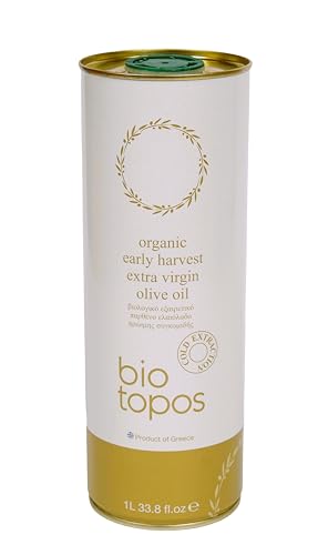 Biotopos 1L Active Polyphenols, Organic Cold Pressed Extra Virgin Olive Oil, Early Harvest, Monocultivar green Koroneiki, Quality Drinking EVOO, Family Estate Messenia Greece, 1Litre Tin