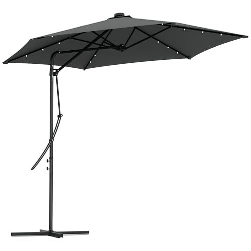 Outsunny Ombrellone a sbalzo da 3 m con luci a LED Ombrellone da giardino con manovella e base incrociata parasole eccentrico per esterno patio terrazza grigio scuro, grigio, 290x290x260 cm