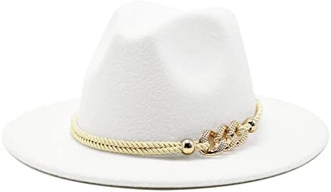 Gossifan Lady Fashion Wide Brim Felt Fedora Panama Hat with Ring Belt A-White