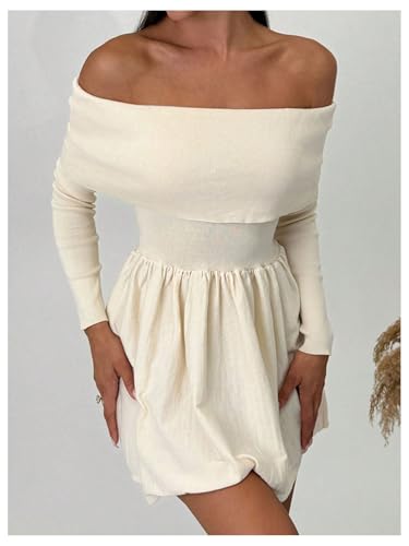 SOLY HUX Women's Off The Shoulder Sweater Dress Long Sleeve A Line Ruffle Hem Knit Mini Dresses4
