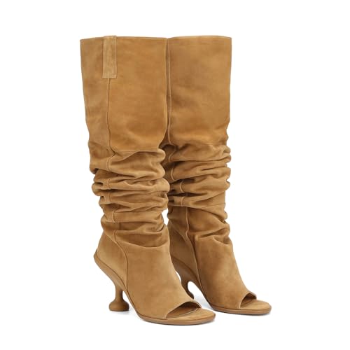 Women's Leather Knee High Boots Open Square Toe Pull On Slouchy Wide Calf Boots