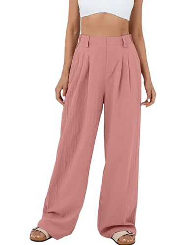 Perbai Womens Wide Leg Dress Pants High Waisted Back Elastic Cotton Palazzo Pants Work Trousers with Pockets