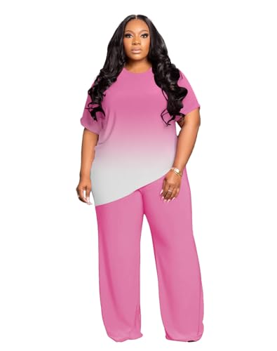 Women's Plus Size Two Piece Outfits Sweatsuits Sets Casual Short Sleeve Tops Baggy Wide Leg Pants Tracksuit Sets