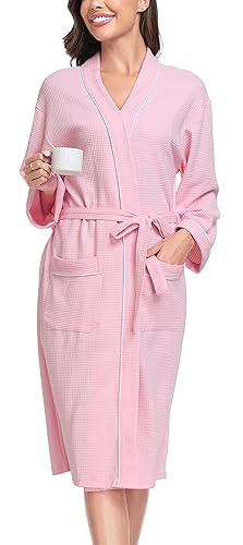 Vlazom Waffle Dressing Gowns Soft Unisex Bathrobe Lightweight Kimono Robes for All Seasons Spa Hotel Home Pink, M