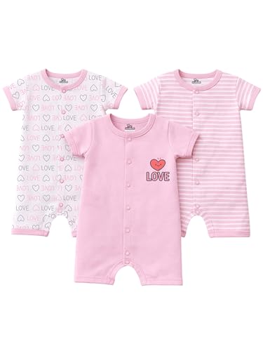 Image of Kidbee Infant Cotton Romper Set Pack of 3, Half Sleeve Front Open Bodysuit Jumpsuit for Baby Boys & Girls, 0-9 Months