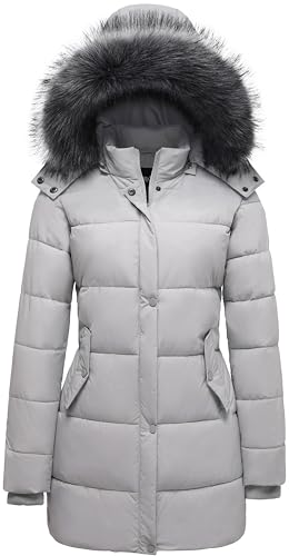 GGleaf Women's Winter Thicken Puffer Coat Warm Snow Jacket with Fur Removable Hood Grey Medium