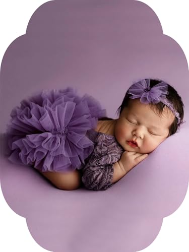 Image of Newborn Girl Photoshoot Outfits– Pink Lace Romper + Headdress, 1 Month Baby Girl Photo Props Clothes For Newborn Photos