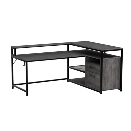 Image of SEDETA L Shaped Gaming Desk, 59 inch Home Office Desk with Drawers, Gaming Desk with LED Lights, Corner Desk with Headphone Hook and Monitor Shelf, Grey