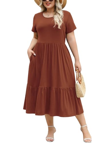 Younrui Women's Plus Size Casual Fall Dresses with Pockets Short Sleeve Midi A-line Solid Brown Dress(2XL-1033-Borwn)