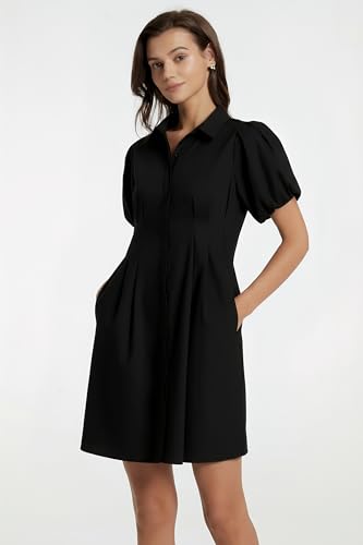 Image of D-Sun Women's Short Puff Sleeve Shirt Dress Button Down Pleated Mini Dress Casual Short Dresses