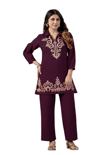 Image of Fashion Kurta Sets for Women | Co Ord Sets Stylish | Kurti Sets for Women | Short Kurti | Ethnic Embroidered Straight Kurta Sets with Pants Suits