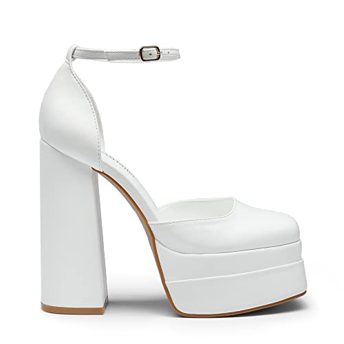 Image of DREAM PAIRS Women's High Chunky Platform Closed Toe Block Heels Square Toe Ankle Strap Dress Wedding Party Pumps Shoes Aurelia