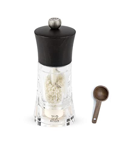Peugeot - Oleron Manual Mill Wet Sea Salt Mill - Transparent Adjustable Grinder - Acrylic and Beechwood, Chocolate, 5.5 Inches - With Wooden Spice Scoop Spoon