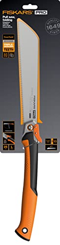 Fiskars Pro Klappbare Zugsäge, Sägeblattlänge: 25 cm, 13 TPI, Schwarz/Orange, PowerTooth, 1062933