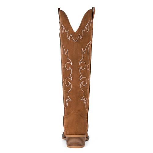 Image of Suede Cowboy Boots for Women Knee High Western Cowgirl Boots | Pointed Toe Low Heel Classic Embroidered Boot