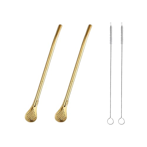 2 filtros de cuchara de paja de acero inoxidable con 2 cepillos de limpieza, cuchara de té reutilizable para té suelto, pajita de yerba mate, pajitas de metal, agitadores de café para bebidas (dorado)
