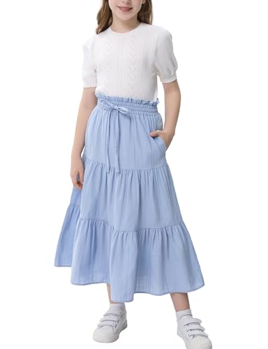 Image of Maxi Skorts Skirt for Girls Button Front High Waisted Long Skirt with Belt Ruffled Skirts with Pocket 3-12Years