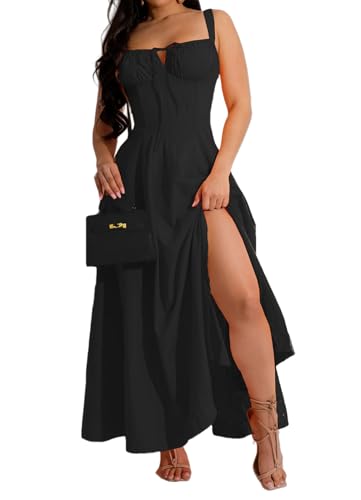 Women Summer Milkmaid Corset Dress Spaghetti Strap Bustier A Line Slit Swing Flowy Dress Casual Beach Vacation Sundress
