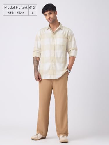Image of The Souled Store: Driftwood Men and Boys Long Sleeve Spread Collar Beige Plaid Checked Regular Fit Easy to Wear Casual Streetwear Cotton Linen Shirt