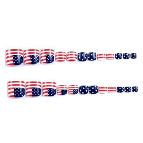 Image of Independence Day Press on Toenails American Flag 4th July Toenail Press ons Stripe Design Glossy Full Cover Short Square Stick on Toe Nails for Women Manicure 24Pcs