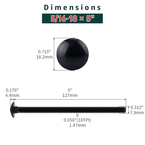 Image of 5 /16-18 x 5 inch Black Carriage Bolts with Nuts and Washers Kits (10 Sets), 304 Stainless Steel 18 /8, Black Finish, Round Head, Square Neck, Heavy Duty Bolts, Indoor Outdoor Fastening Bolts, Fayeploo