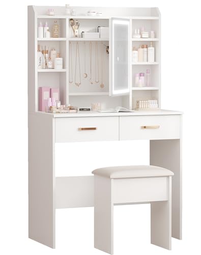 KYXBBDA Dressing Table with Mirror and Stool: Vanity-Desk with Mirror and Drawers - Makeup Desk with Jewellery Storage 3 Color Light & Brightness Adjustable for Bedroom