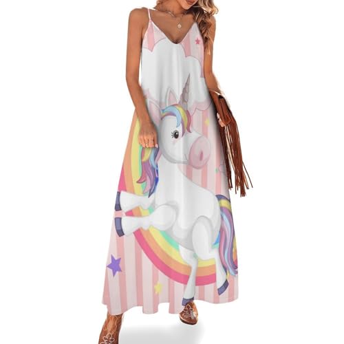 Robe longue arc-en-ciel licorne pour femme d'été fluide et sans manches style plage
