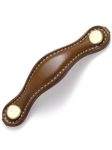 JIASENBAO Brown Leather Drawer Pulls 2 Pack 3.75(96mm) Leather Handles Knobs for Cabinets Drawers Dressers Bathroom