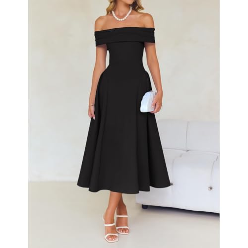 AOWVUTS Cocktailkleid Damen Sexy Schulterfrei Maxikleid Elegant Swing Rockabilly Hochzeit Abendkleid Vintage Festlich A-Linie Lang Ballkleid Partykleid Abschlusskleid Sommerkleid